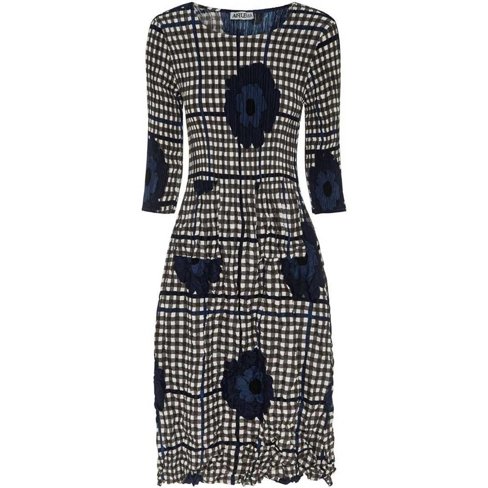 Alquema 3/4 Sleeve Smash Dress Indigo Flower Spot Check Size XS/S NWT